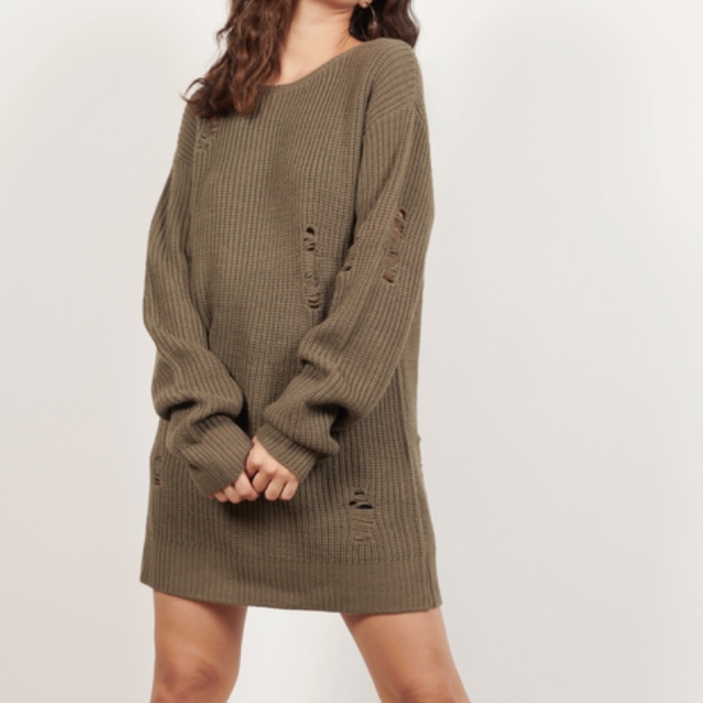 NWOT Distressed Olive Green Sweater Dress